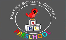 Gray background with a red Cardinal standing on abc blocks with rainbow colored letters saying "preschool"  underneath.