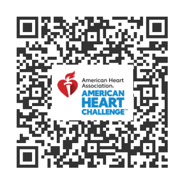 QR Scan code in black ad white with a  red heart under a white torch and red flame.  Blue letters that say  American Heart Challenge.