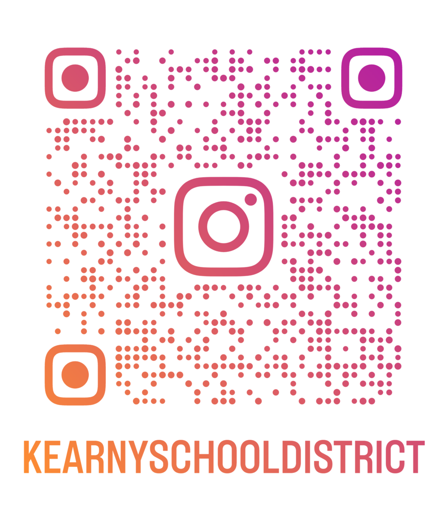 A QR code with orange, pink, and purple dots., with KEARNYSCHOOLDISTRICT underneath it as one word.