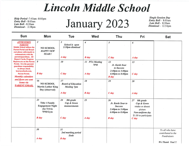 Calendar January 2023 Lincoln Middle School